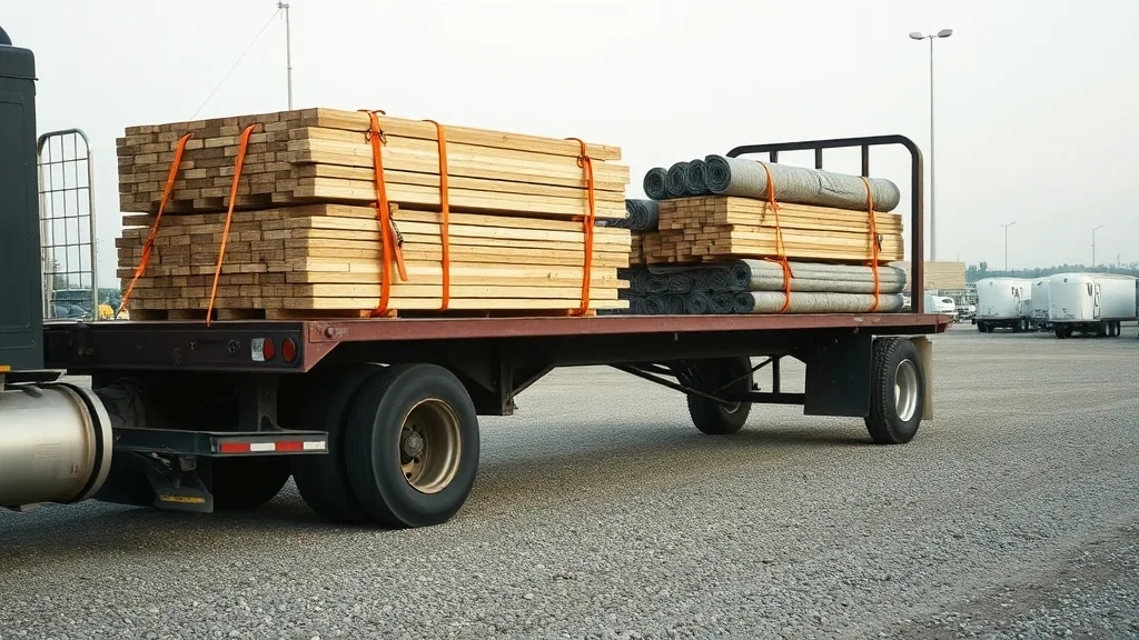 A flatbed trailer loaded with strapped lumber and rolled fencing in a gravel yard, tarps stacked against the headache rack