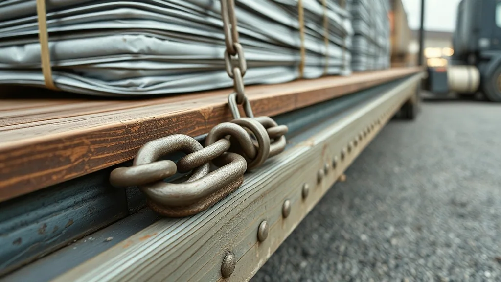 A chain and load binder hooked through the side rail of a flatbed trailer, banded bundles stacked on the weathered wood deck