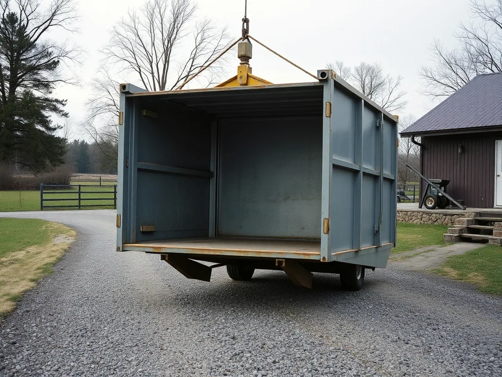 An empty steel roll-off container set on a gravel drive beside a barn, hoist cable still hooked