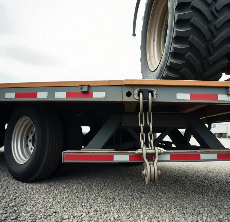 Low view along a step deck trailer, chain and binder anchored through the deck, a tall implement tire resting on the boards above